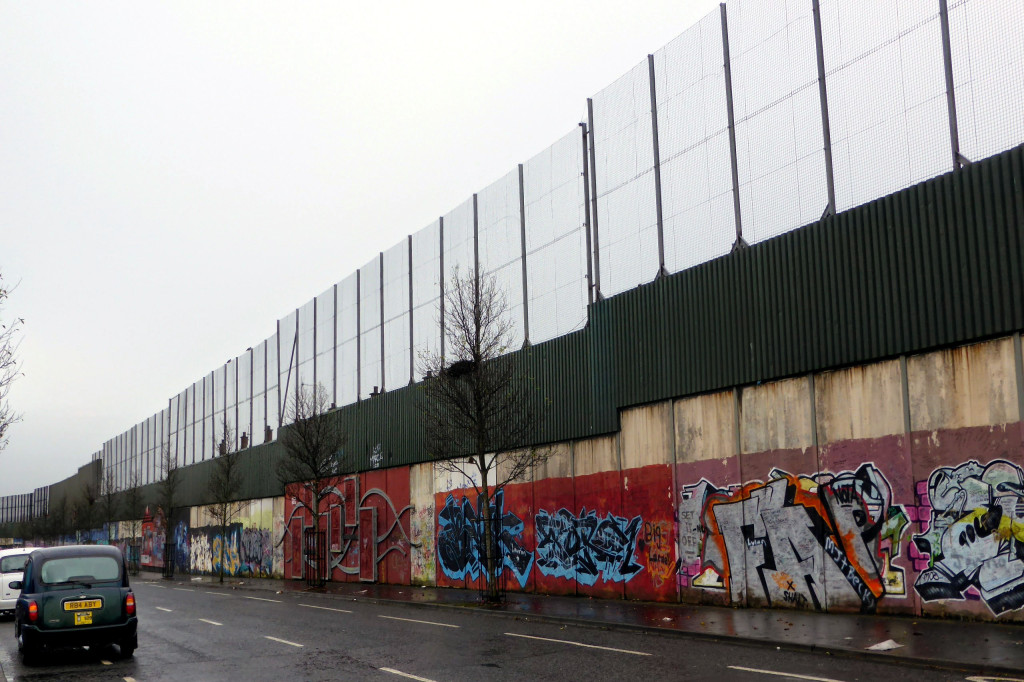 Another photo of a "peace wall" separating mostly catholic homes from mostly protestant homes