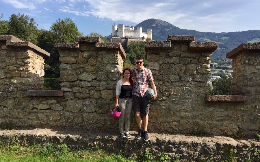 The two of us pose alongside Salzburg's city walls