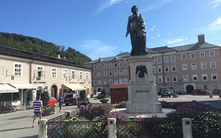 A statue of Mozart on Mozartplatz, Salzburg