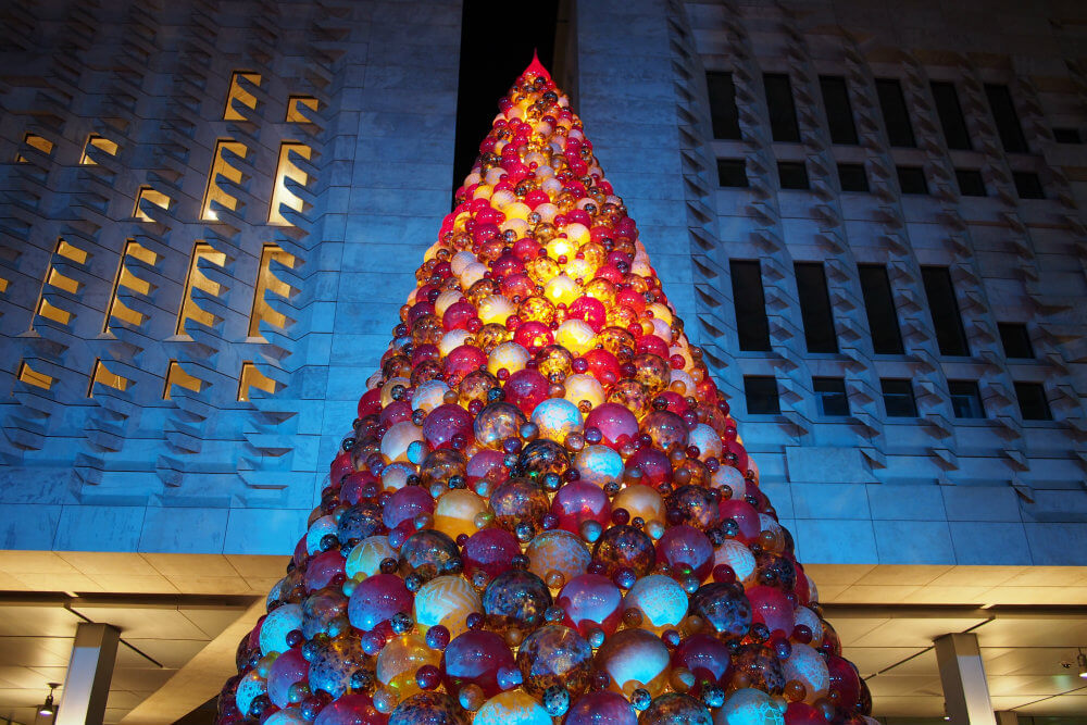 A Christmas tree made from Mdina Glass baubles on Republic Street, Valletta