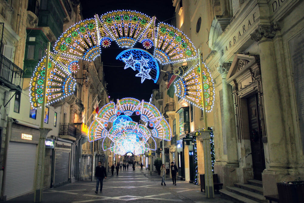 Stunningly elaborate Christmas lights shine brightly along Republic Street, Valletta