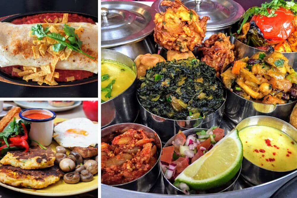 Restaurants in Bedford: burrito at Baja (top left), brunch at Albero Lounge (bottom left) & veggie Thali at Thali & Tandoor (right)