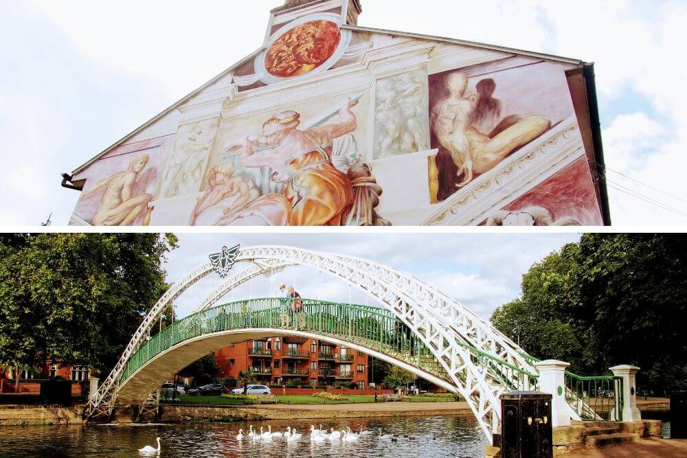 Things to see in Bedford:  Michelangelo Fresco (top) &  Suspension Bridge (bottom)