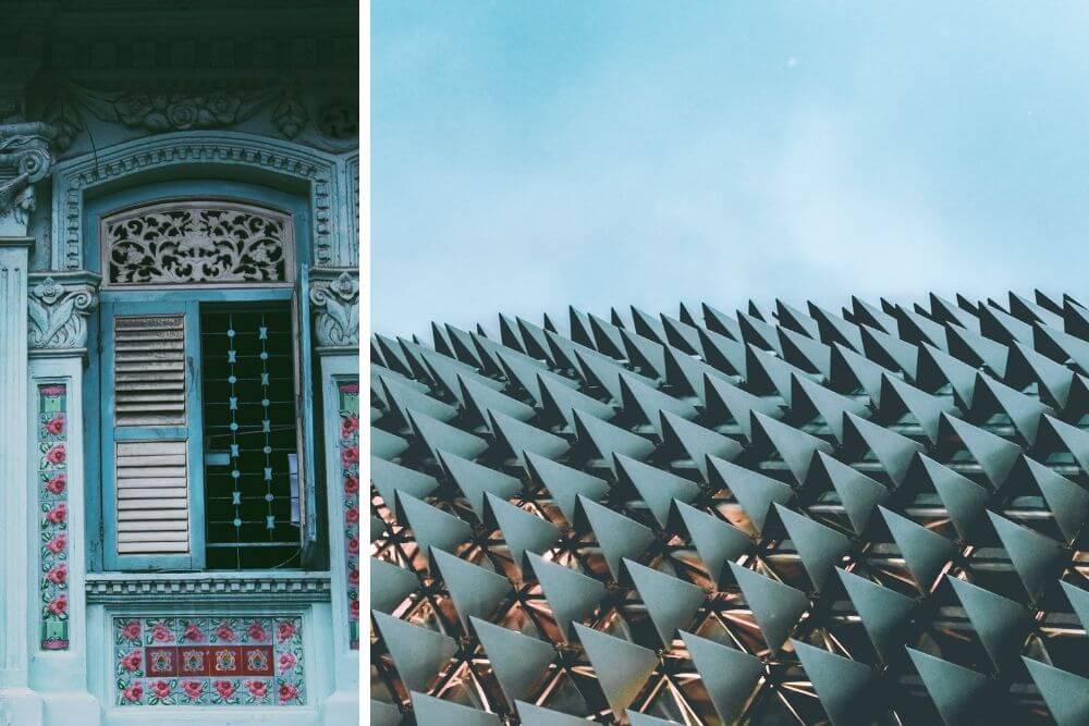 Museums & Galleries in Singapore: Peranakan architecture (left) & the roof of Esplanade – Theatres on the Bay (right)