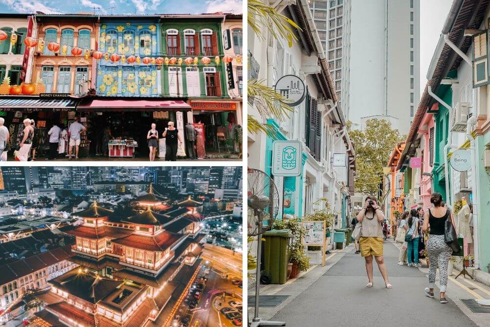 Neighbourhoods in Singapore: Little India (top left), Buddha Tooth Relic Temple (bottom left) & Chinatown (right)