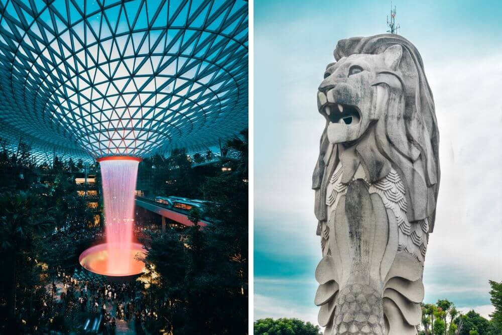 Free things to do in Singapore: Jewel Changi Airport (left) & Merlion Park (right)