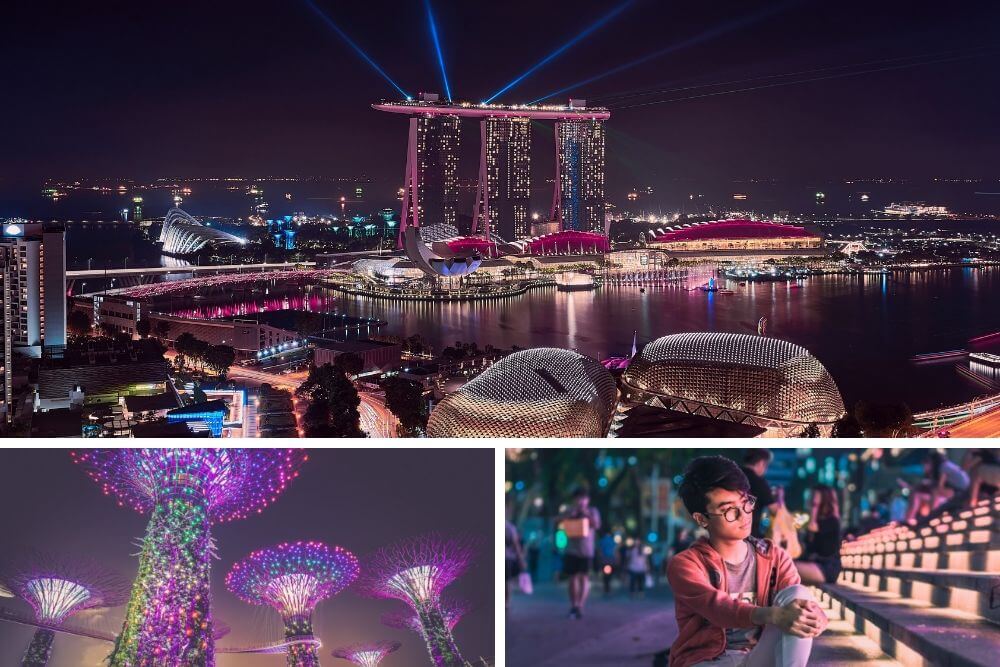 Live Music & Shows in Singapore: Lasers from the rooftop of Marina Bay Sands (top), illuminated Supertrees (bottom left) & illuminated steps (bottom right)
