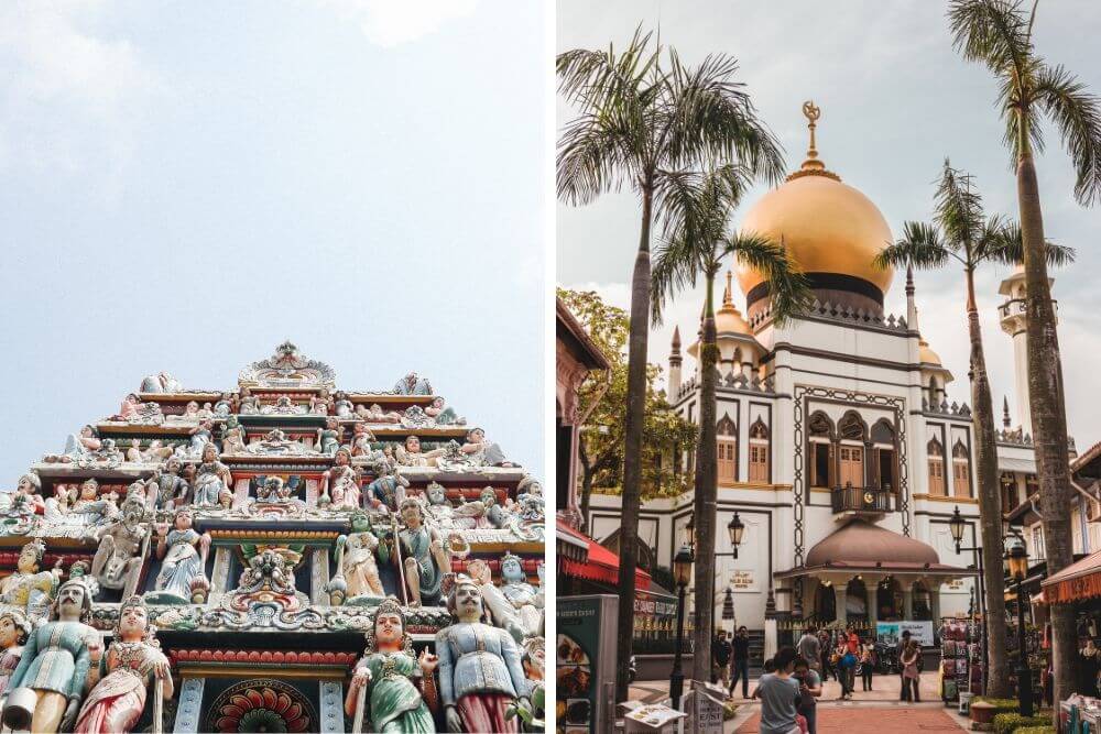Places on worship in Singapore: Sri Mariamman Temple (left) & Sultan Mosque (right)