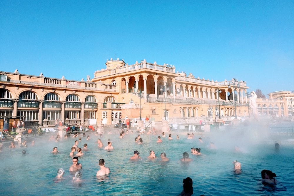 The iconic outdoor pool at Szechenyi Thermal Baths, Budapest