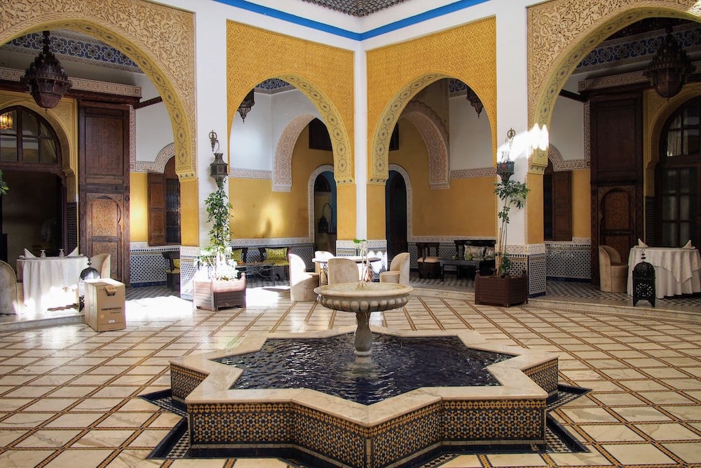 The central courtyard of a riad in Meknes, Morocco