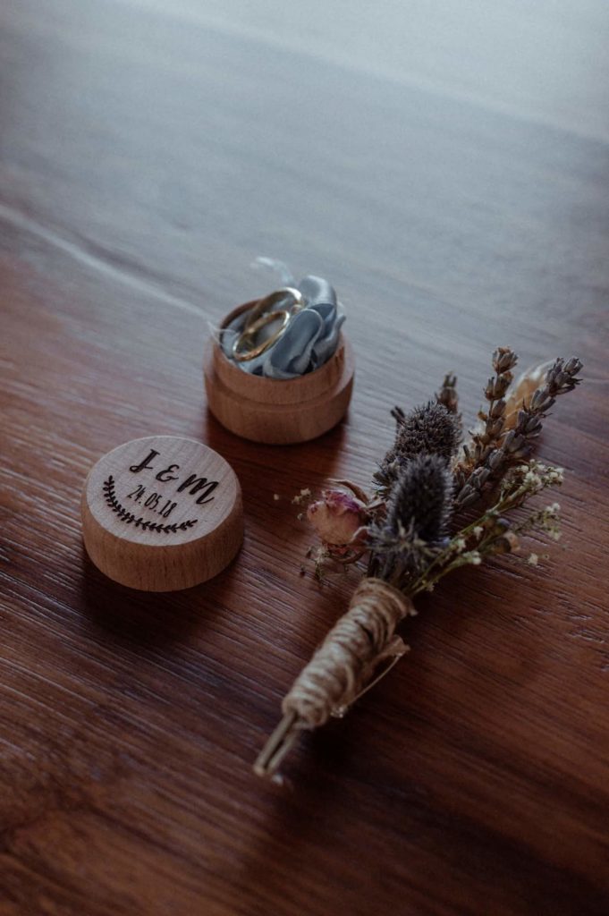 Our handmade rings sit inside a custom-made rings box (Etsy), and a closer look at Matt's boutonniere