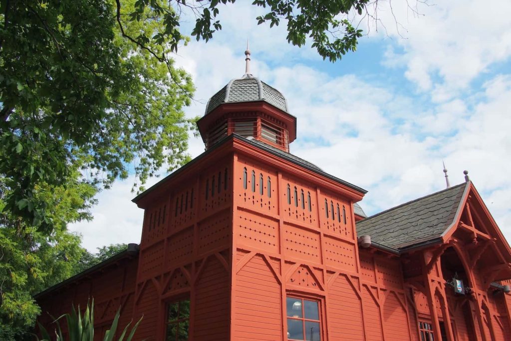 Iconic red pavilion in Zagreb Botanical Garden.