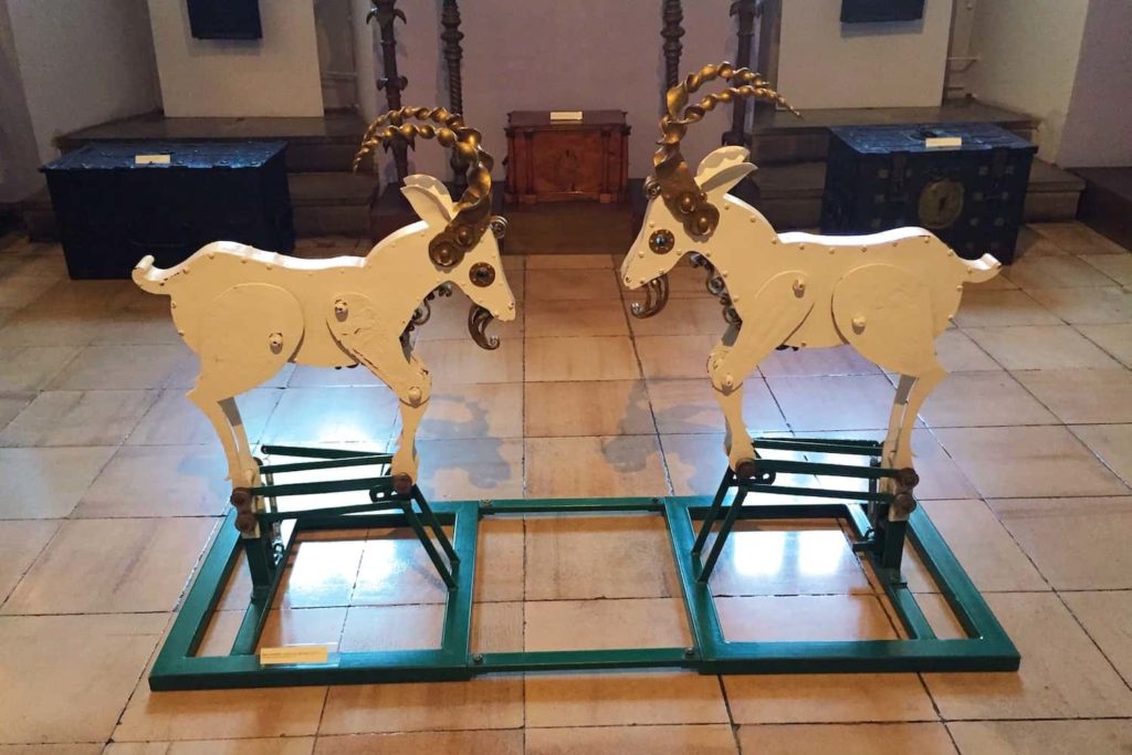 A pair of retired goats on display inside the Town Hall museum