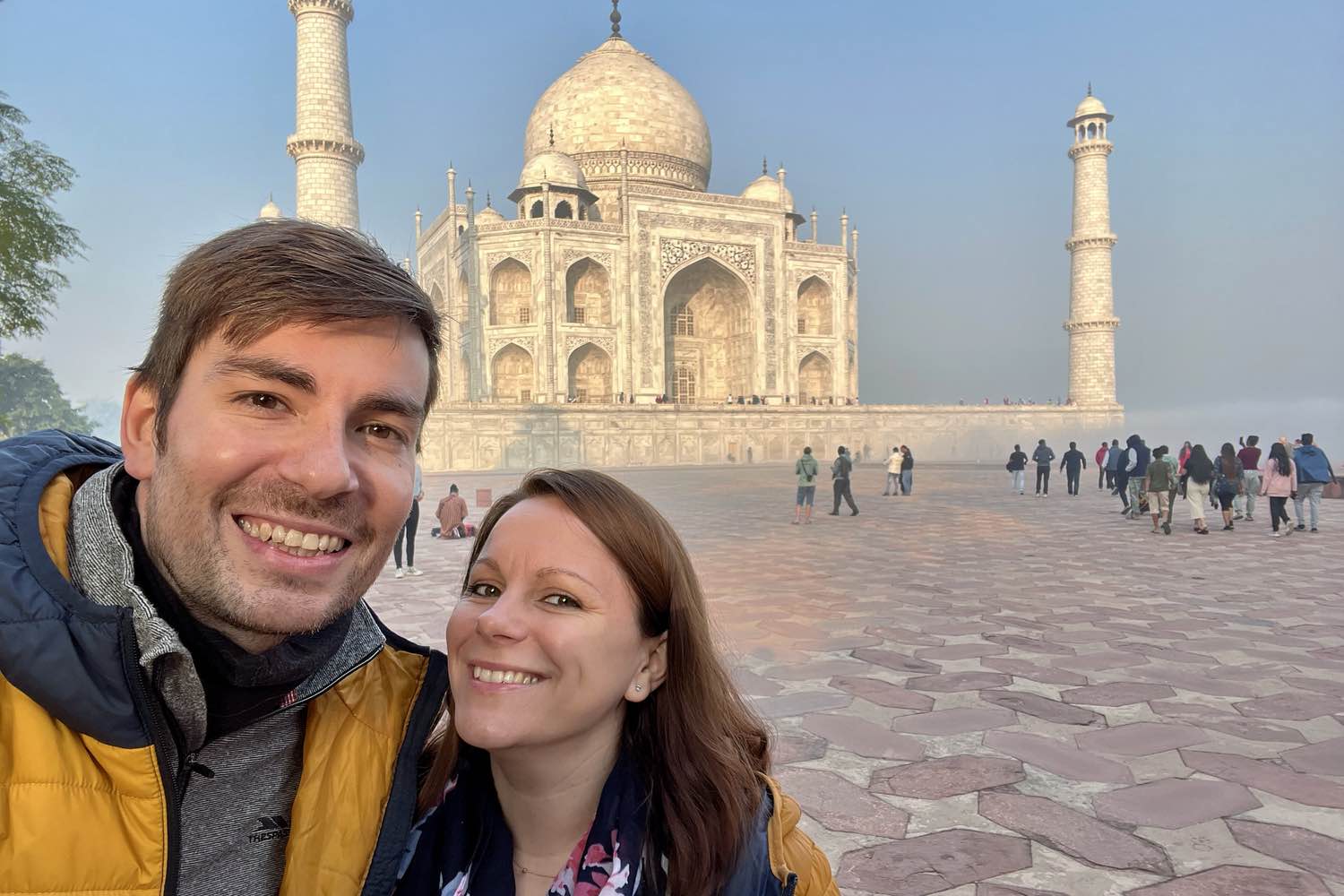 Matt and Jade standing in front of the Taj Mahal in Agra, India
