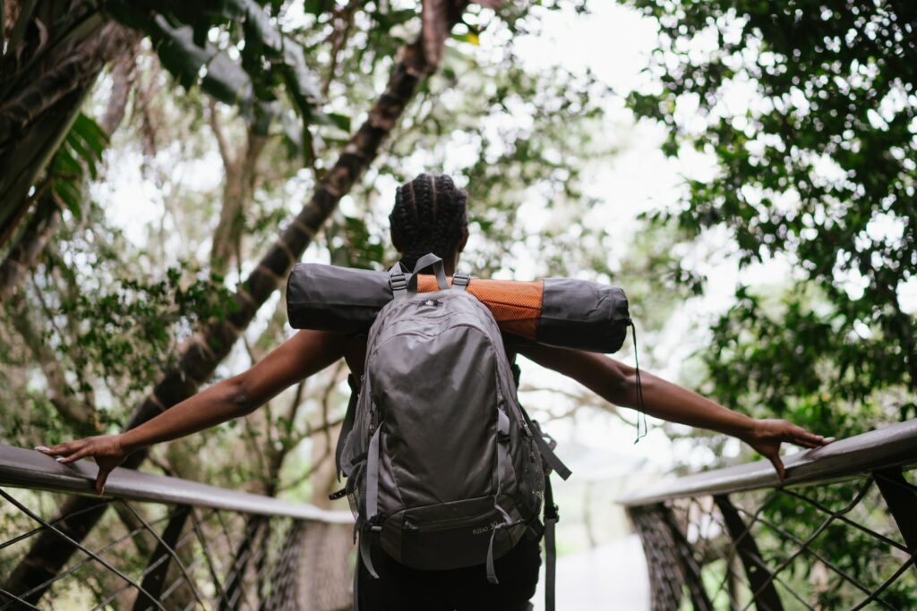 A backpacker crosses a bridge in the forest