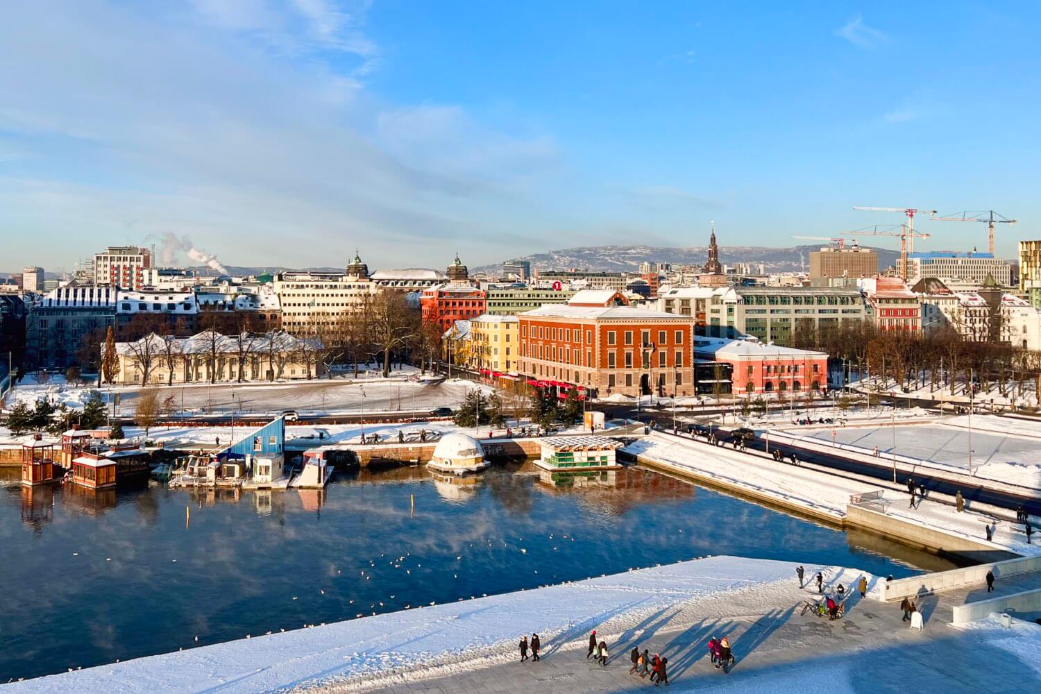 The view of Oslo in winter as seen from the rooftop viewing platform at the city’s Opera House