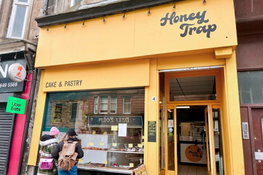 The brightly coloured exterior of the fully plant-based Honeytrap Bakery, Glasgow